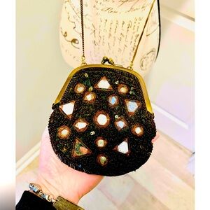 Vintage Embroidered/Mirrored Evening Purse by Sondro, Long Brass Chain EUC